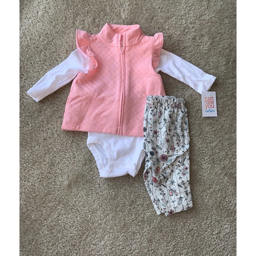 NWT Carter's Pink Vest, Polka Dot Onesie, and Floral Legging Set